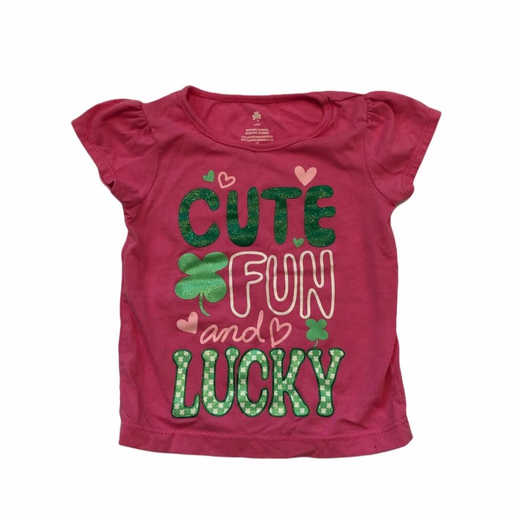 Baby Girls Graphic Tee Cute‎ Fun Lucky Design 12M Pink & Green St. Patrick's Day